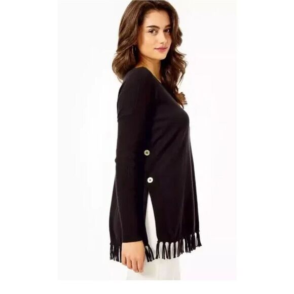 Beautiful Lilly Pulitzer Ramona Fringe Sweater Black Gold Buttons Cotton Blend S - Picture 4 of 16
